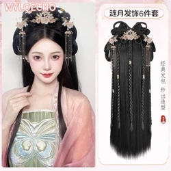 Hanfu Cosplay Bộ Tóc Giả Nữ Đen Anime Trung Quốc Cổ Đại Hanfu Tóc Giả Mũ Phụ Kiện Hanfu Bộ Tóc Giả Dài Thẳng Màu Đen Tóc Giả Dây Đeo Đầu