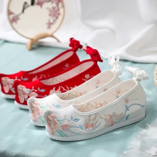 Hanfu Giày Cổ Trung Quốc Truyền Thống Biểu Diễn Múa Thêu Canva Flat Phụ Nữ Phương Đông Cưới Mắt Cá Chân Chiều Cao Bên Trong