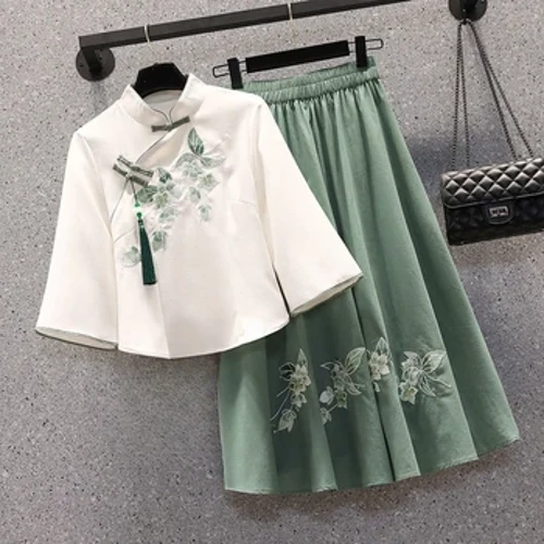 Oversized kvinders sommersommerfugl sød kinesisk jakkesæt broderet topdragt Hanfu bluse nederdel Todelt sæt stor størrelse