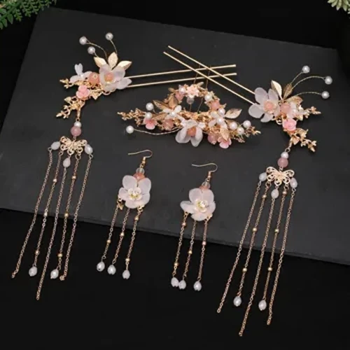 Hoʻonohonoho ʻia nā ʻāpana lauoho Hanfu Pākē i nā lāʻau lauoho Tassel Hairpin earrings Women Party Halloween Cosplay Han Fu Headpiece Headdress