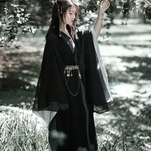 Robe noire de Style dynastie Wei Jin, Robe confucianiste à taille fine avec col, chemise à grandes manches de Style chinois, Robe de danse Hanfu