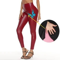 New Invisible Zipper Open-Crotch Pants PU Leather Pants Women's Printed Bright Leather Pants Pencil Pants Women's High Waist