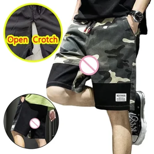 Erkekler Açık Kasık Şort Seksi Eşcinsel Gizli Fermuar Kamuflaj Ince Rahat Mini Plaj Külot Patchwork Kurulu Crotchless Mahsul Pantolon