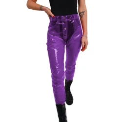 Pants PVC clir Fetish Plastig Tryloyw Botwm Trowsus Ffasiwn Merched Trendy Sexy Uchel Waist Gweler Trwy Gwisgwch Bar Clwb Pants