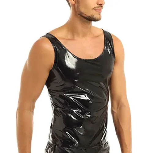 Übergröße Herren Glänzendes Leder Tank Top Glänzendes PVC Leder T-Shirt Ärmellos Männlich Sexy Exotische Latex O-Ausschnitt Shaping Weste Sexi
