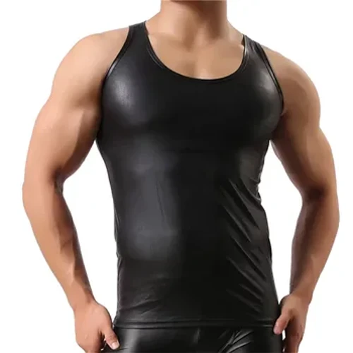 Vyriški seksualūs PU odiniai marškinėliai be rankovių, erotiškai formuojantis apvalkalas, elastingi marškinėliai Minkštas lateksas Bodycon lakinės odos marškinėliai klubinė liemenė