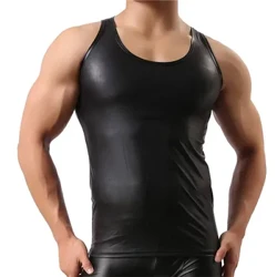 Erkekler Seksi PU Deri Tank Top Kolsuz Erotik Şekillendirme Kılıf Streç Gömlek Yumuşak Lateks Bodycon Rugan T-shirt Kulübü Yelek