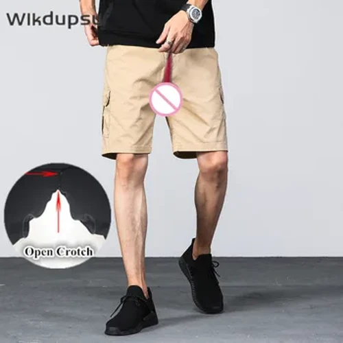 Musim Panas Pria Korea Fashion Celana Pendek Panas Seksi Tak Terlihat Ritsleting Terbuka Selangkangan Celana Kargo Celana Pendek Pria Celana Plus Ukuran