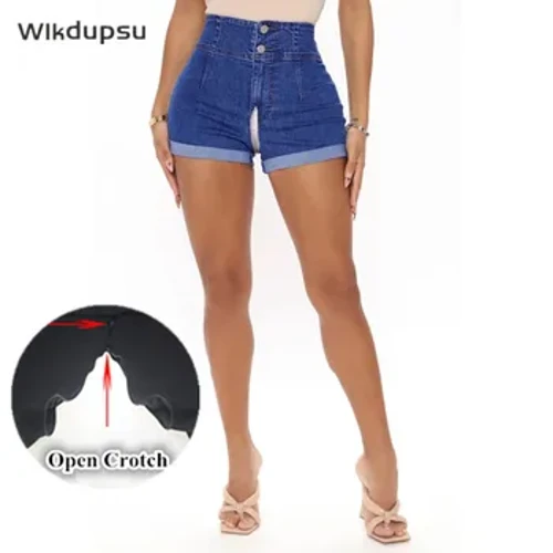 Xuân Hè Xanh Dương Nữ Quần Short Denim Gợi Cảm Mở Đáy Quần Dây Kéo Đôi Cao Cấp Thời Trang Quần Short Jean Denim Quần Nữ