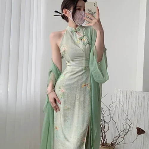 Kesäiset naiset Hihaton, seksikäs haljattu Qipao elegantti printti kukkakiinalainen mekko Retro perinteinen itämainen vaatteet Cheongsam