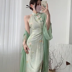 Sommar Kvinnor Ärmlös Sexig Split Qipao Elegant tryck Blomma kinesisk klänning Retro traditionella orientaliska kläder Cheongsam
