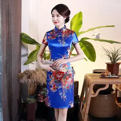 Ayollar Cheongsam mandarin yoqa qisqa yeng disk tokalari yon bo'linish xonim Cheongsam gul bosma Xitoy uslubi Qipao