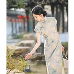 2024 Tautotogo Fa'alelei Fa'alelei La'ei Fa'aSaina Sitaili fou a le tama'ita'i la'ititi la'u si'i lima umi Cheongsam Mesh Cheongsam fou.