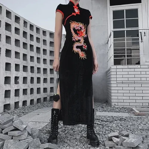 Kinesisk stativ krage gotisk kjole broderi drage Qipao rød vintage kveldsfest Vestido lang kappe Cheongsam Svart Sexy