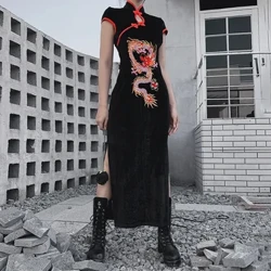 Chinese Stand Kraag Gotische Jurk Emboridery Draak Qipao Rode Vintage Avondfeest Vestido Lange Gewaad Cheongsam Zwart Sexy