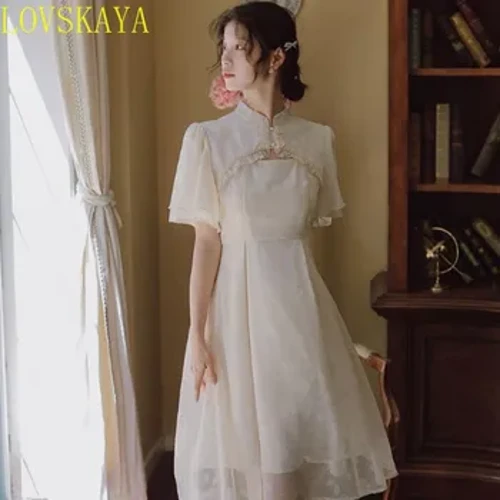 2024 Yeni Yaz Kadın Kısa kollu Şifon Cheongsam Zarif Çin Tarzı Standı Yaka Akşam Parti Qipao Elbiseler