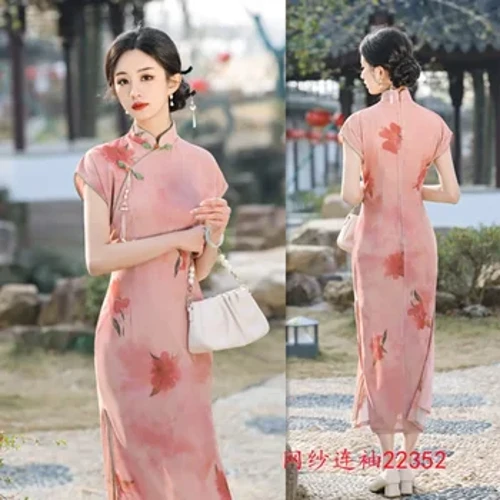 Neie Retro Ethneschen Stil Cheongsam 2024 Moud Verbesserte Mesh-Hülse vu jonke Fraen Cheongsam Fréijoer a Summer