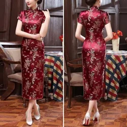 Nữ Thêu Hoa Tay Ngắn Cao Cấp Bên Chia Sườn Xám Satin Mượt Ôm Vừa Vặn Eo Mùa Hè Xuân Qipao