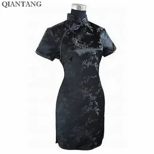 Μαύρο παραδοσιακό κινέζικο φόρεμα Mujer Vestido Γυναικείο σατέν Qipao Mini Cheongsam Μέγεθος λουλουδιών S M L XL XXL XXXL 4XL 5XL 6XL J4039