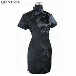 Qora an'anaviy xitoy libosi Mujer Vestido ayollar atlas qipao mini cheongsam gul o'lchami S M L XL XXL XXXL 4XL 5XL 6XL J4039