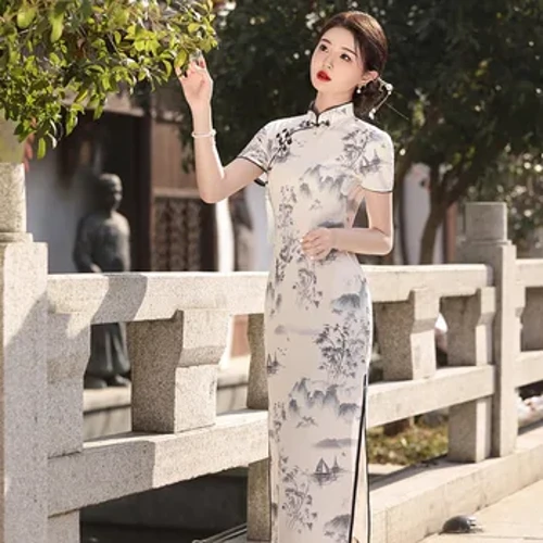 2024 Spring New High-end Ink Style Short-sleeved Slim Stand-collar Long Cheongsam Chinese Traditional Dress