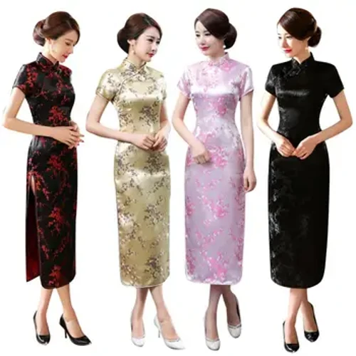 Blodau Eirin Traddodiadol Merched Tsieineaidd Cheongsam Hir Forwyn Brides Gwisg Noson