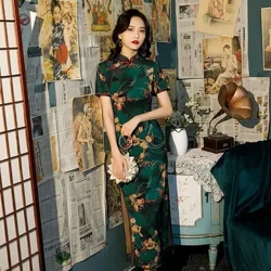 Cũ Thượng Hải Xanh Sườn Xám Xuân Hè 2024 Mới Vintage Phong Cách Trung Hoa Tính Khí Cô Gái Trẻ Tay Ngắn Sườn Xám Đầm