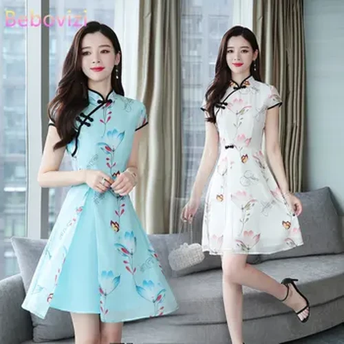 Leto 2023 Nové moderné vylepšené šifónové potlač Cheongsam Vintage v tradičnom čínskom štýle tenké šaty Qipao