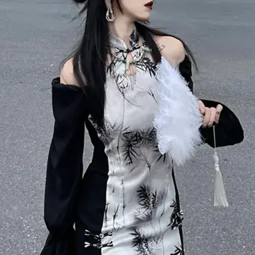 2023 Zwarte Bamboe Qipao Sexy Off Schouder Cheongsams Vrouwen Verbeterd Chinese Jurk Hoge Split Vestidos Gothic Donkere Jurken