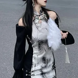 2023 Μαύρο μπαμπού Qipao Sexy Off Shoulder Γυναικείες Cheongsams Βελτιωμένο κινέζικο φόρεμα High Split Vestidos Gothic Dark φορέματα
