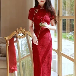 Sharob qizil to'y Cheongsam qisqa yengli vintage takomillashtirilgan ayollar yozgi dantelli ko'ylak Slim-fit nafis Qipao S dan XXL gacha