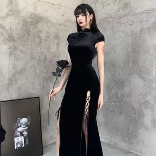 Hiện Đại Sườn Xám Trung Quốc Qipao Đầm Đậm Phong Cách Kiến Trúc Gothic Khe Gợi Cảm Đen Vintage Phương Đông Váy Đầm Cho Nữ Biểu Diễn Múa