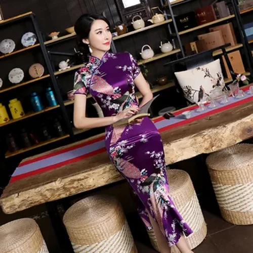Jinsiy binafsharang ayollar atlas kundalik kundalik ko'ylak Yozgi yangi uzun Qipao bosma gul Xitoy Cheongsam hajmi S M L XL XXL 3XL 0162