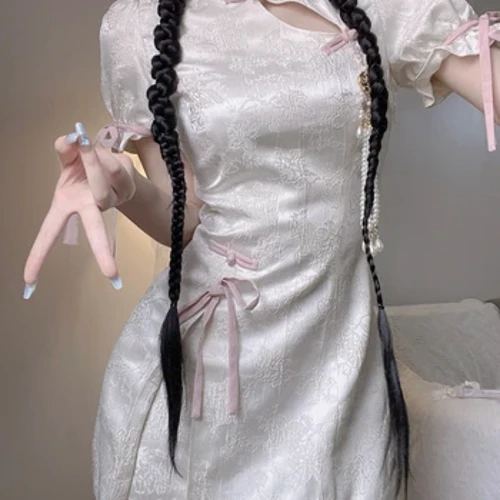 Harajuku Cheongsam Γυναικείο φόρεμα Γλυκό λουλουδάτο επίδεσμο με τόξο Φορέματα Lolita Y2k σέξι αισθητική φουσκωτά μανίκια Vestidos Mujer Modernize