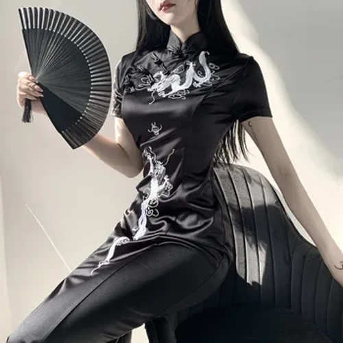 Saina Tu'u Kola Gothic La'ei Su'i Dragon Qipao Black/Red Vintage Evening Party Long Outer Cheongsam Black Sexy