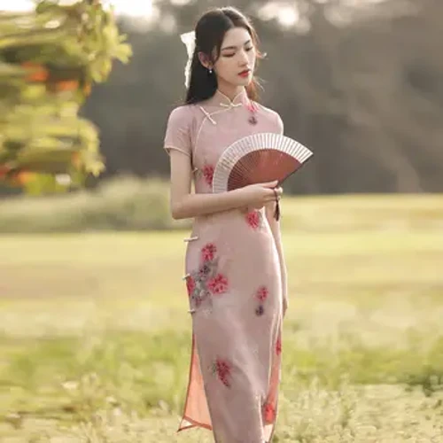 Phụ Nữ Màu Hồng Dịu Dàng Cao Cấp Họa Tiết Hoa Sườn Xám Tay Ngắn Mùa Hè Vintage Cải Tiến Đầm Truyền Thống Trung Quốc Qipao