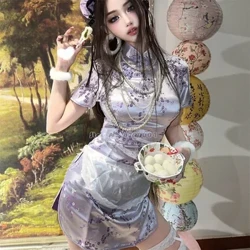 Arddull Tseineaidd Newydd Gwisgoedd Argraffu Piws Qipao Merched Satin Cheongsams Gwell Festidos Ffrogiau Qipao Coler Mandarin Vintage