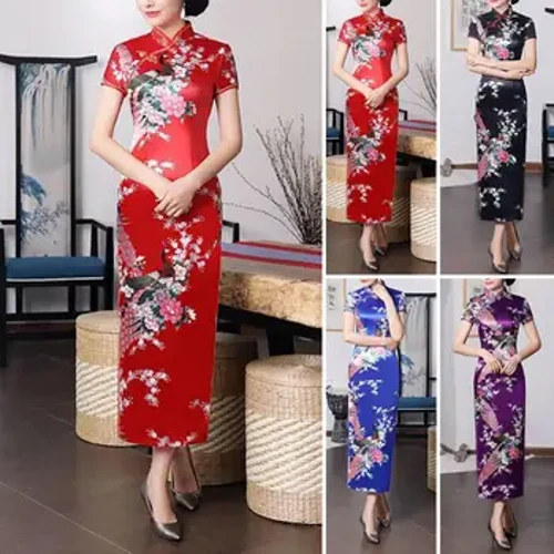 Hen Ddraig Shanghai a'r Ffenics Qipao Merched Cain Cheongsam Gorfeintiau 6XL Coler Mandarin Festidos Gwisg Tsieineaidd Fer Sexy