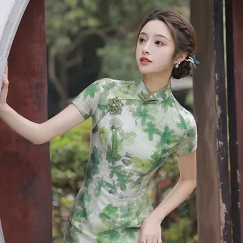 Traddodiadol Sexy Qipao Rhamantaidd Gwyrdd Modern Argraffwyd Cheongsam Haf 2023 Gwisgoedd Tsieineaidd Menyw Cain Gwell