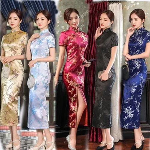 Plus Maint 4XL Slim Tseiniaidd Traddodiadol Cheongsam Llewys Byr Flaen Rhaniad Hen Gwisg Merched Gwisg Hir Plum Qipao