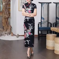 Gwisg Merched Arddull Cenedlaethol Tsieineaidd Argraffu Blodau Llewys Byr Ochr Uchel Hollti Cheongsam Satin Silky Slim Fit Haf Gwanwyn Qipao