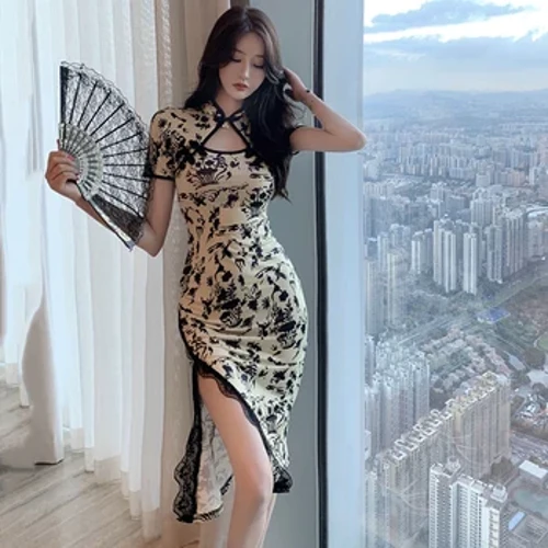 Phong Cách Trung Hoa Họa Tiết Ôm Sườn Xám Pháp Retro Ren Gợi Cảm Vintage Phương Đông Qipao Đảng Châu Á Váy Đầm Cho Nữ Bodycon vestidos