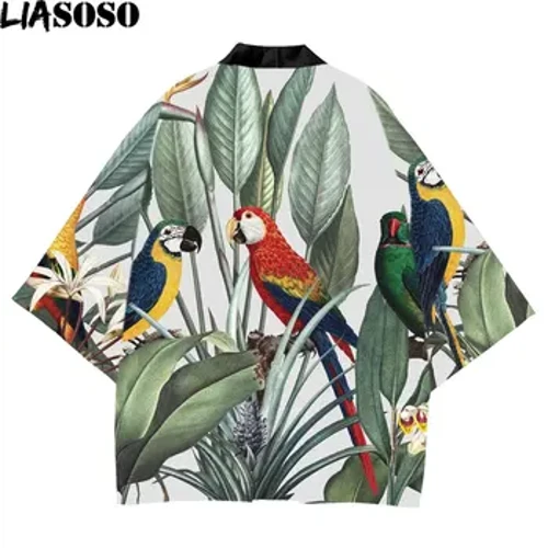 LIASOSO Kimono in stile giapponese Uomo Parrot Macaw Bird Beach Camicetta Pacific Island Dress Haori Homme Samurai Cosplay Mujer Robe