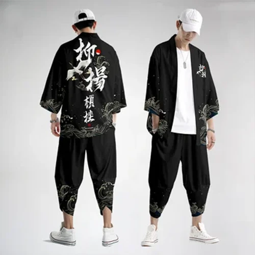 Roupas tradicionais japonesas com estampa de dragão, calças kimono masculinas retrô yukata moda asiática roupa tang harajuku hanfu jaqueta yukata