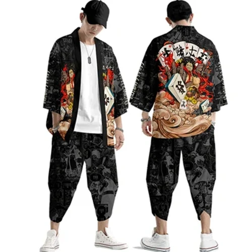 Japāņu tradicionālie apģērbi Mahjong Print Kimono Bikses Vīriešu Retro Yukata Āzijas modes Tang uzvalks Harajuku Hanfu Yukata jaka