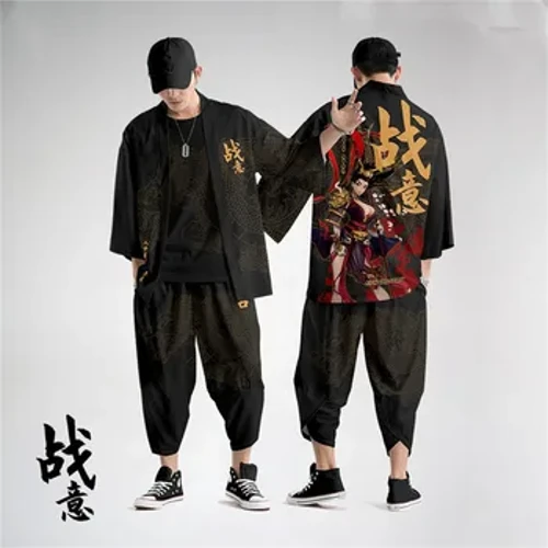 Hagyományos japán ruházat Invincible Print Kimonó nadrág Férfi Retro Yukata Ázsiai Divat Tang Öltöny Harajuku Hanfu Yukata Jacke