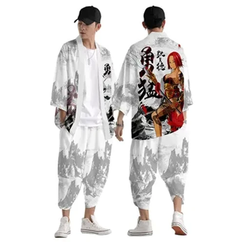Tradicionāli japāņu apģērbi Invincible Print Kimono Bikses Vīriešu Retro Yukata Āzijas modes tang uzvalks Harajuku Hanfu Yukata komplekts