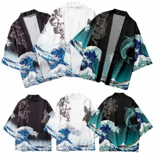 Erkekler we aýallar Japaneseaponiýaly Kimono, Tolkun Karp, 3D Çap nagyş palto, Greenaşyl Adaty Haori Kardigan, Japanaponiýa Gara kenar geýimi