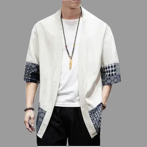 Kimono Cardigan Japaneaidd Dynion Lliain Cotwm Rhydd 3/4 llawes Agored Siacedi Crys Haf Achlysurol Blaen