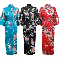 Lang stil Løs japansk satin påfugl Kvinde Yukata Kjole Nattøj Orientalsk Kimono Haori Kinesisk Qipao Natkjole Kjole